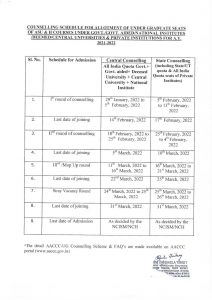 Counseling schedule for UG 2021
